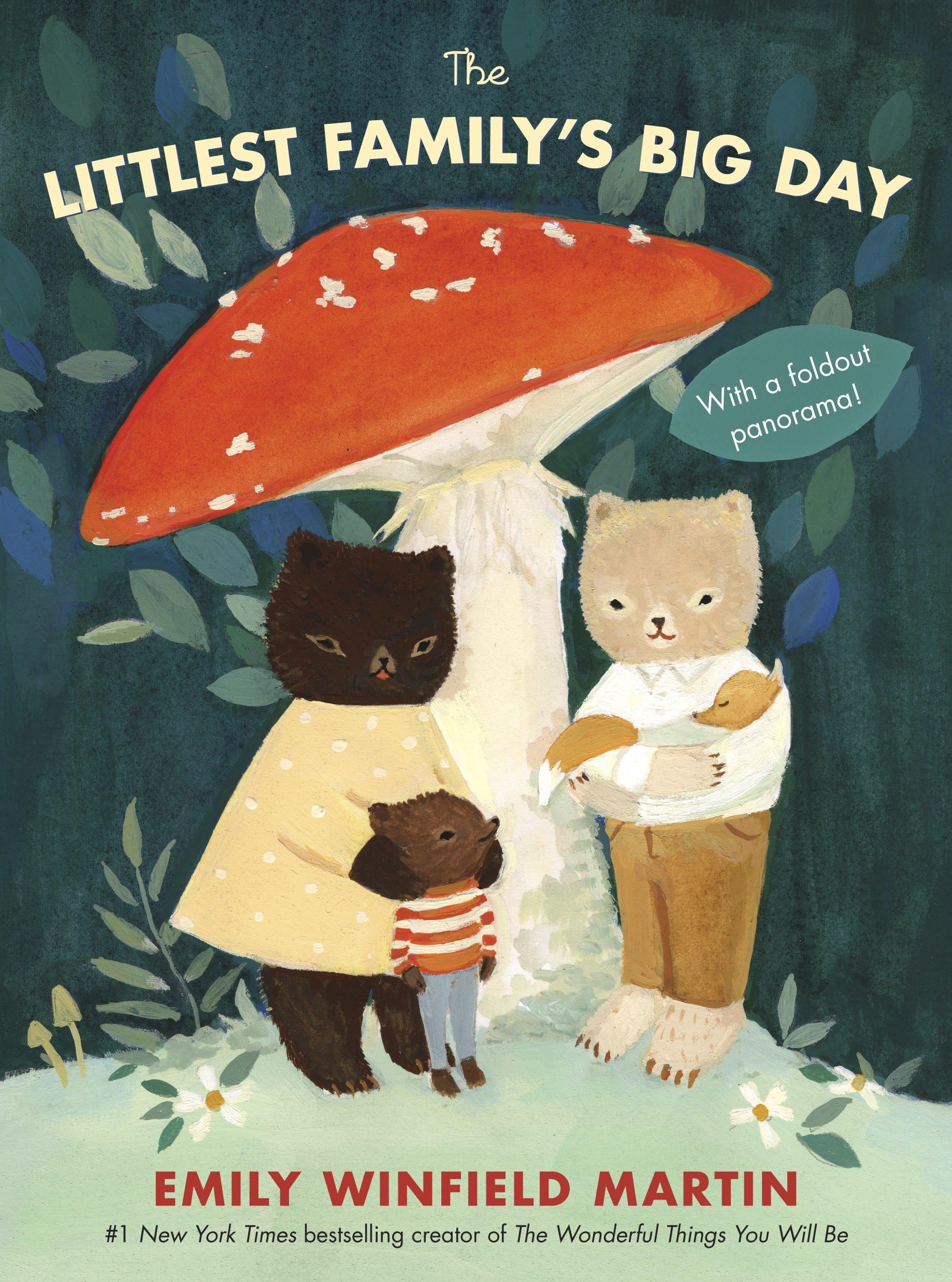 Illustration of a bear family under a toadstool mushroom. Book cover for The Littlest Family's Big Day