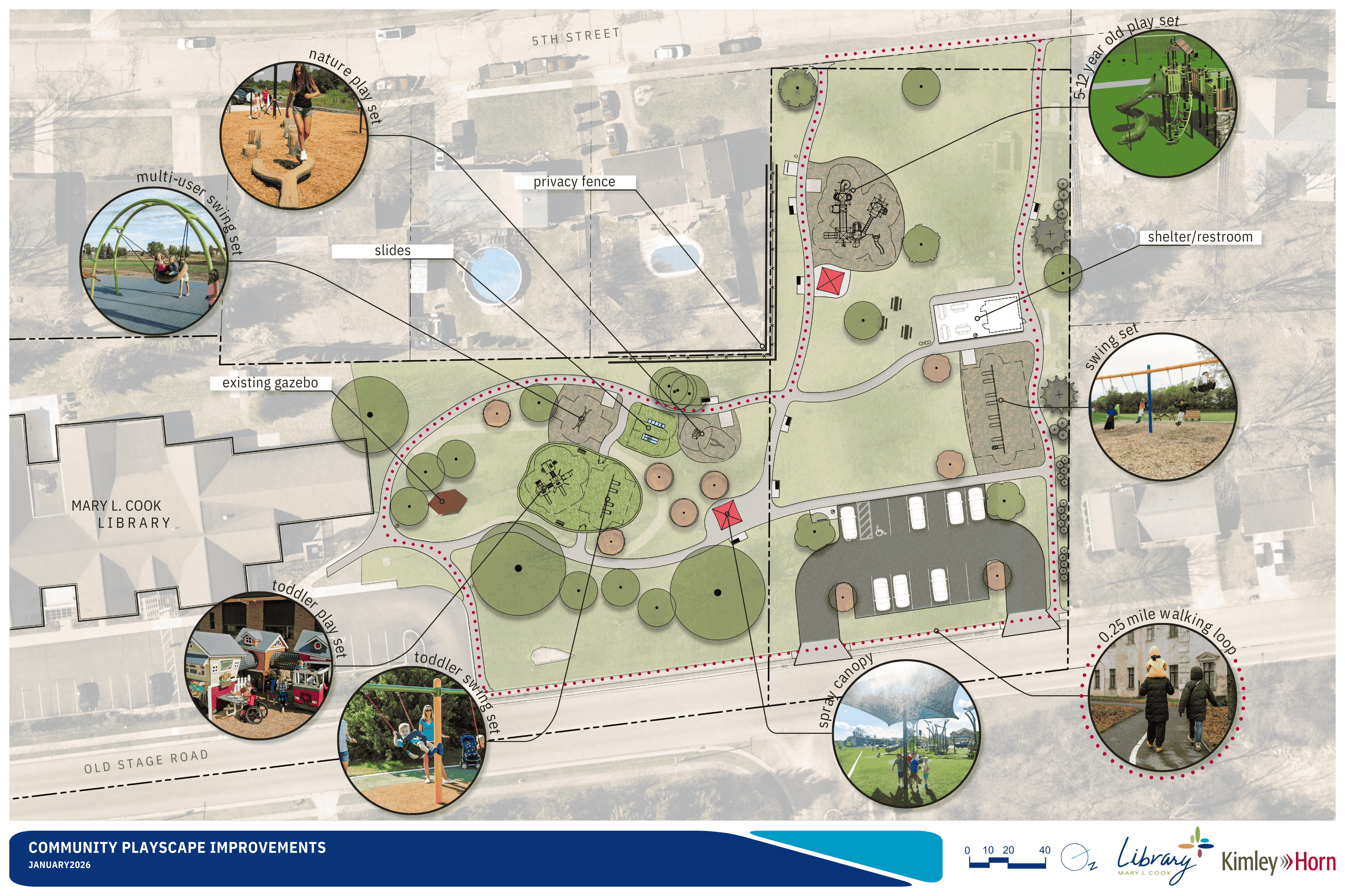 Layout of playscape with images of park equipment