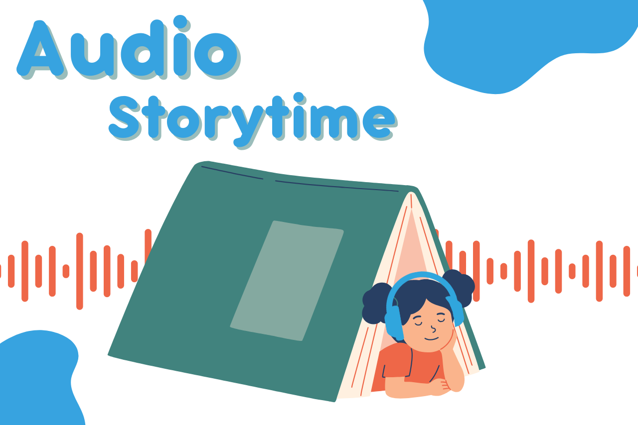 Audio Storytime. Girl wearing headphones laying under a book.