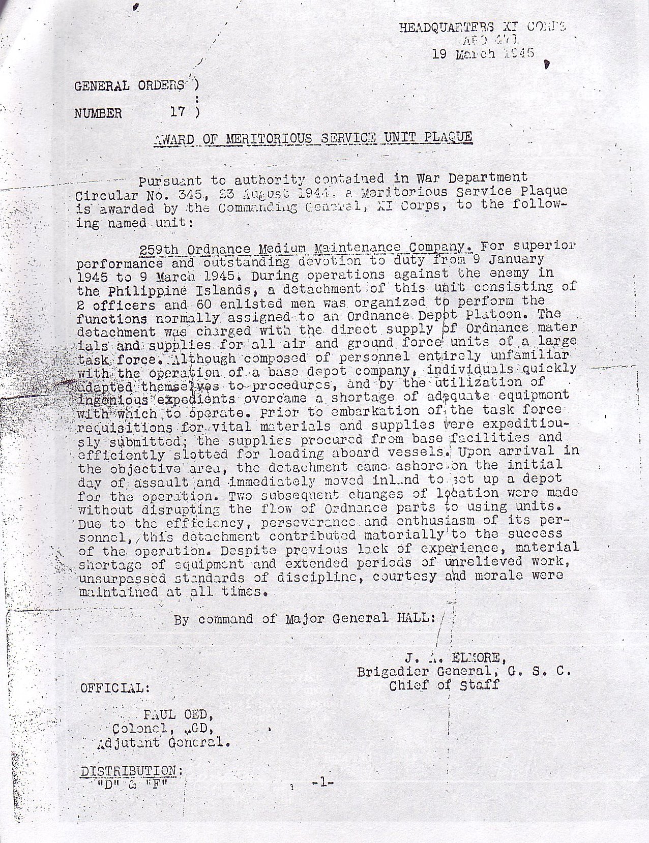 Award of Meritorious Service Unit Plaque 