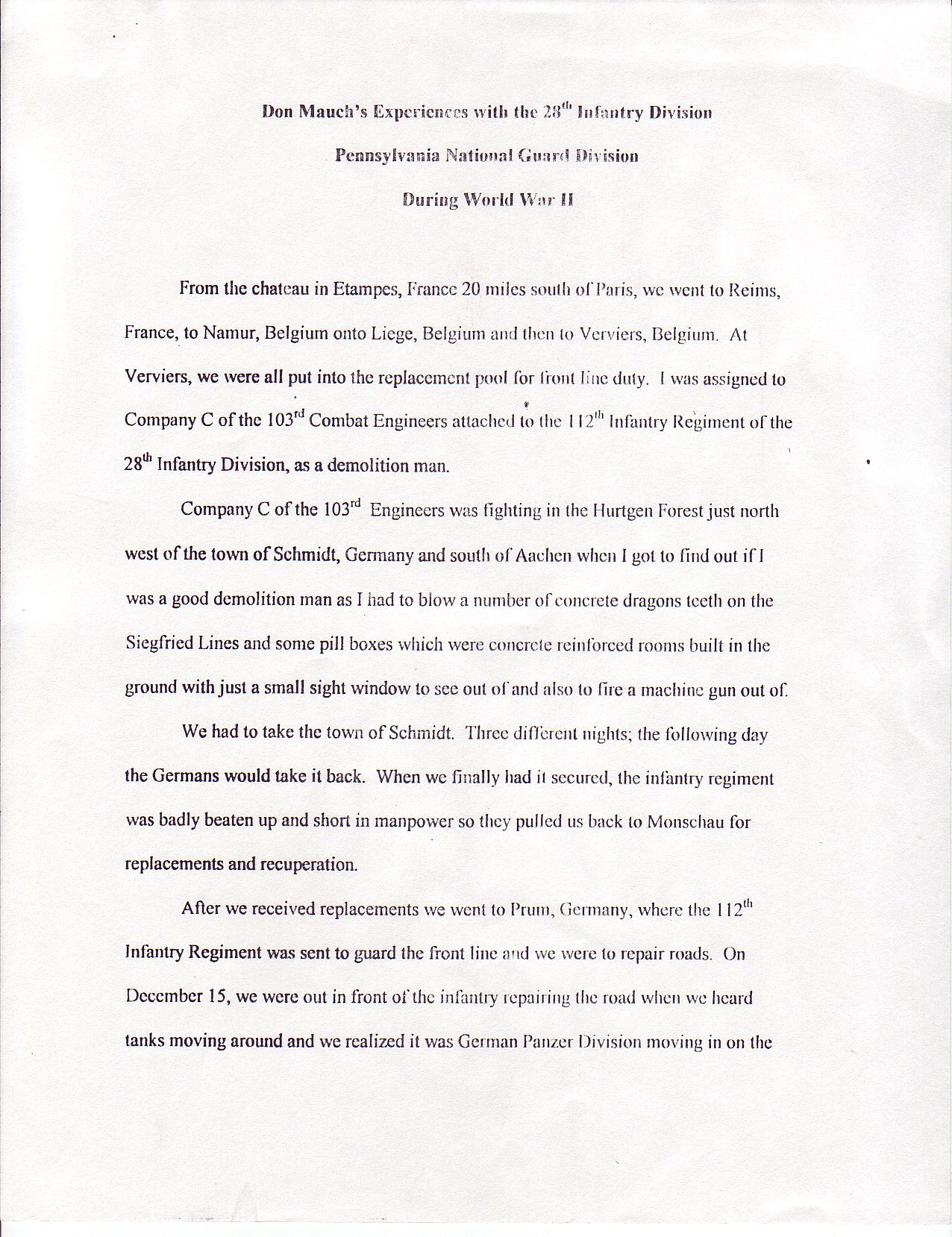 Don's written experience in 28th infantry division