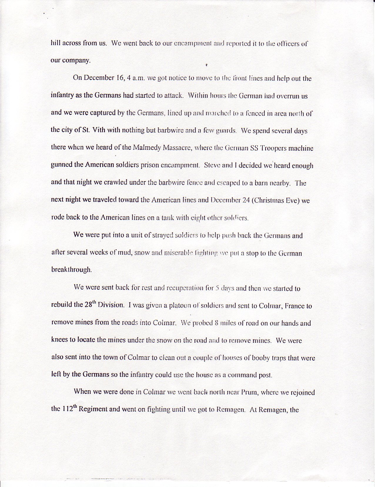 Don's written experience in 28th infantry division