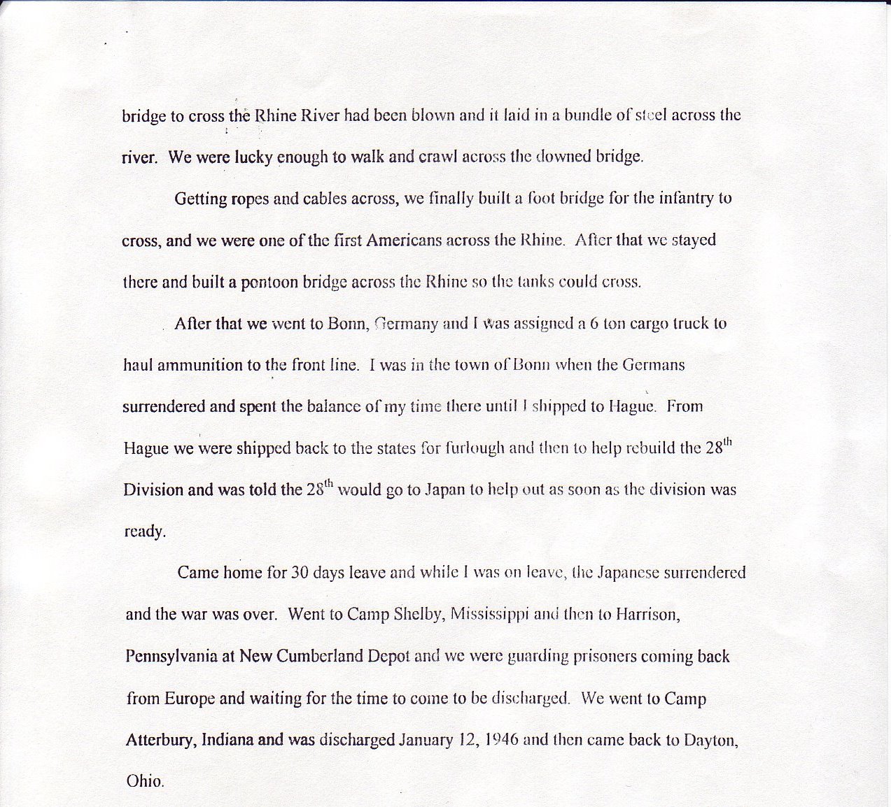 Don's written experience in 28th infantry division