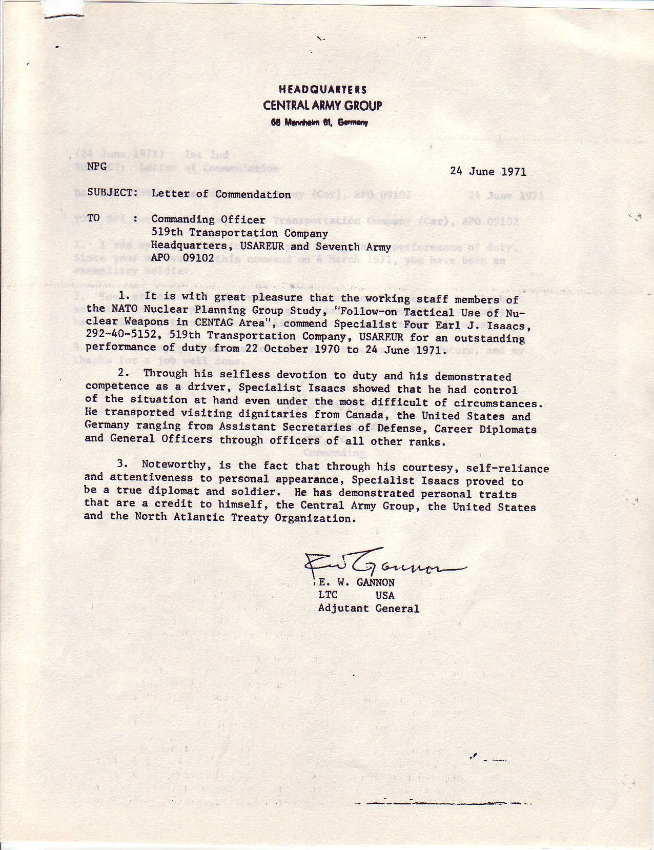 Letter of commendation for Earl Isaacs