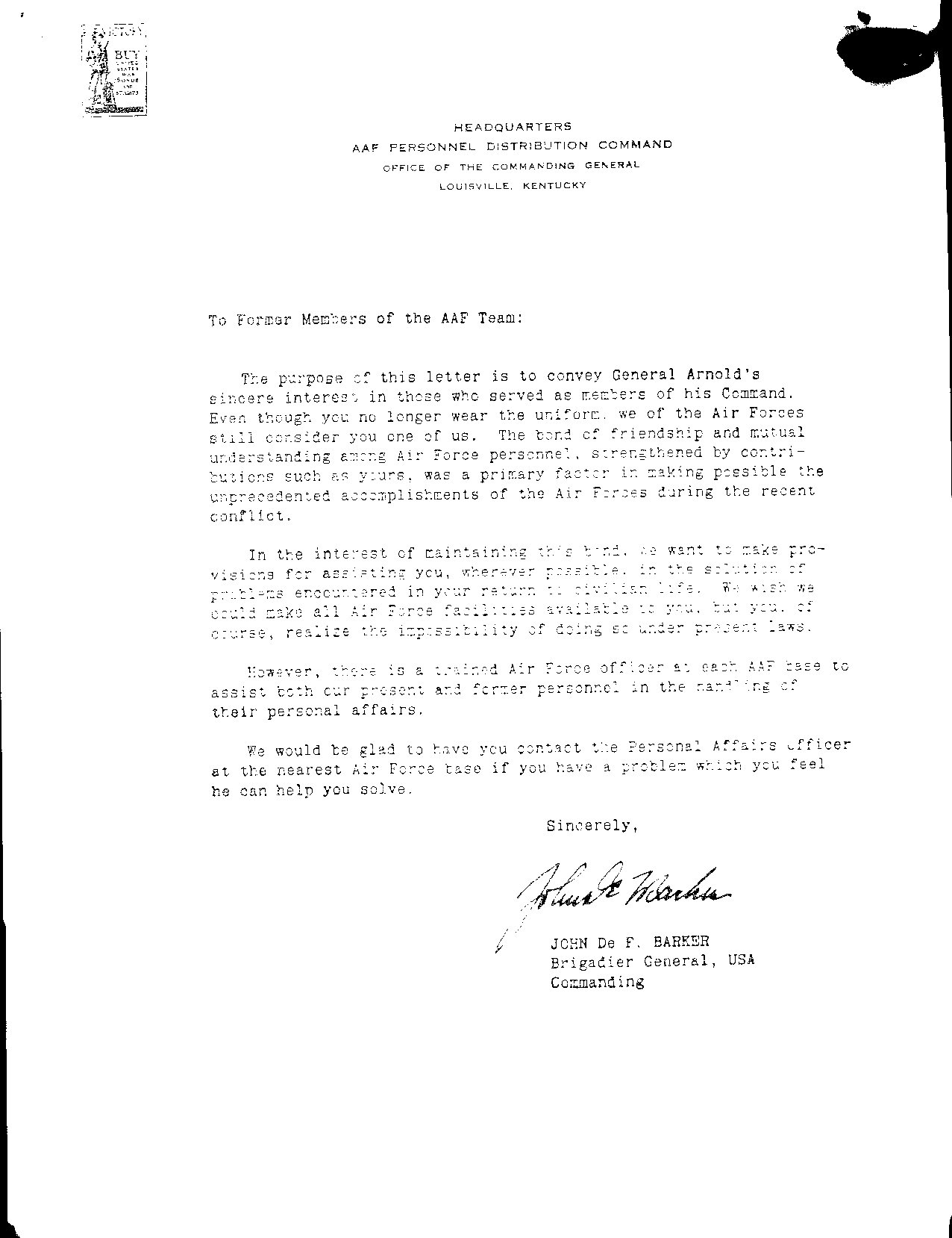 AAF Personnel Distribution Command letter