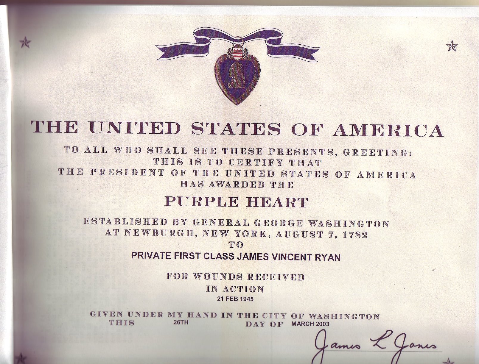 James Purple Heart Certificate