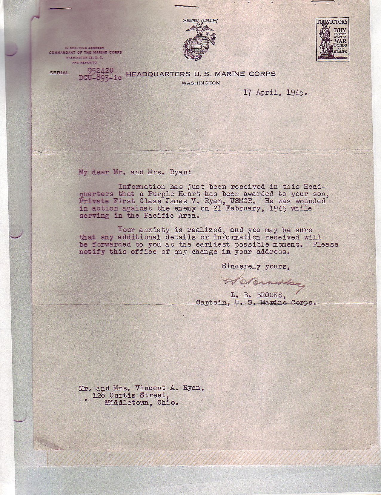 James Purple Heart Letter