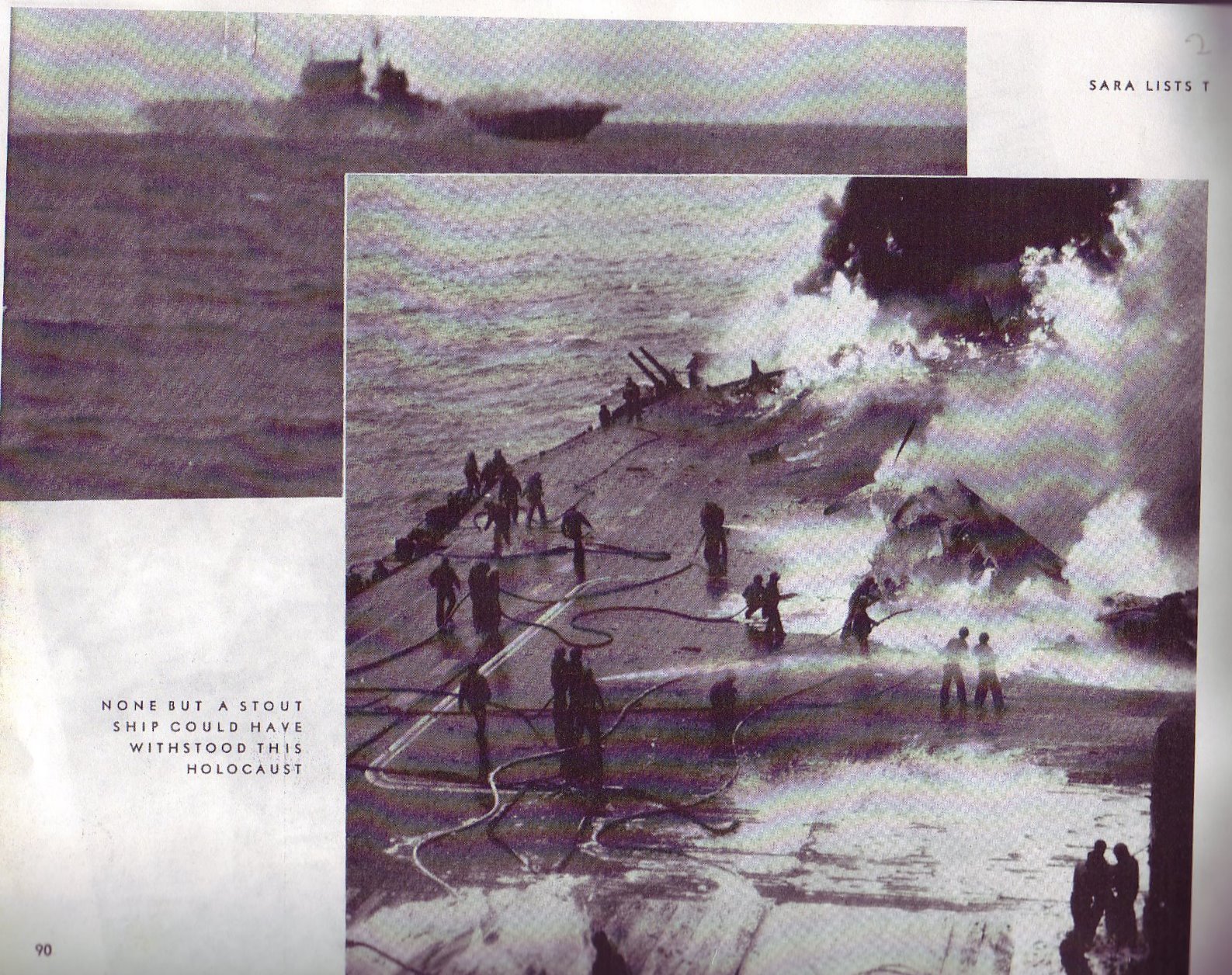 Battleship with soldiers putting out a fire with hoses