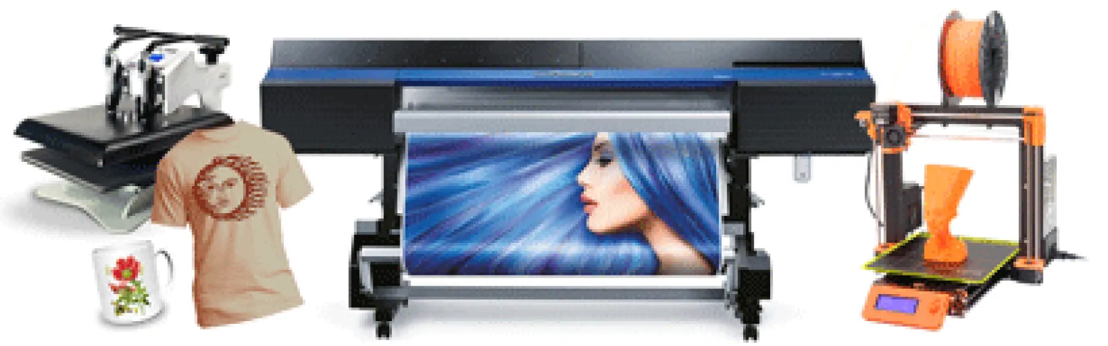Heat press, Roland printer, and 3D printer